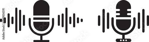 Voice Recognition Microphone Icon with Sound Waves Podcast Audio Recording Symbol