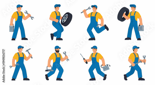 Collection of cartoon car mechanic characters in various poses holding tools and spare parts for auto repair and maintenance services.