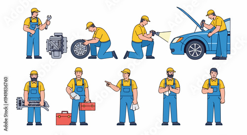 Collection of professional auto mechanic characters in various poses performing car repair services, engine maintenance, and using tools in a flat illustration style.