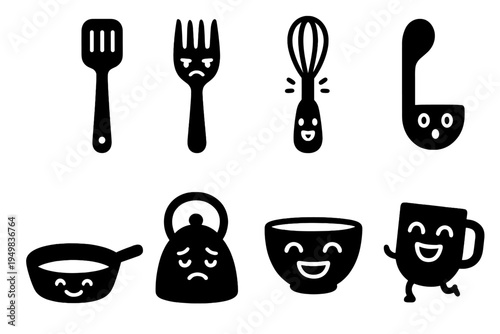 Quirky Kitchen Icons. Kitchen utensils with personalities. Filled icon set of Kitchen utensils with