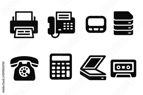 Retro Office Icons. Retro office tech. Filled icon set of retro office tech: dot-matrix printer, fax machine,
