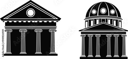 Classic ancient Greek temple and Roman dome building vector silhouettes featuring majestic marble columns and architectural ruins for historical bank design.