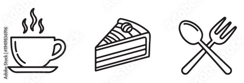 A simple line drawing of a steaming cup of coffee, a slice of cake, and a crossed spoon and fork on a white background