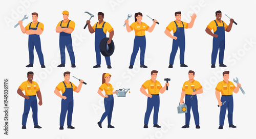 A diverse group of professional mechanics and repair workers in uniform holding tools like wrenches and screwdrivers, set against a white background.