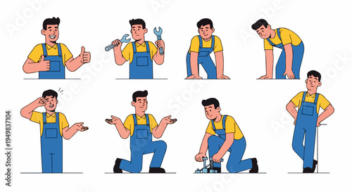 Vector illustrations of a male repairman character in various poses, including giving thumbs up, holding tools, and working, wearing blue overalls and yellow shirt.