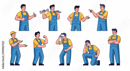 Collection of male worker character illustrations wearing blue overalls and yellow shirt, showcasing various gestures, emotions, and professional actions for service and industry.