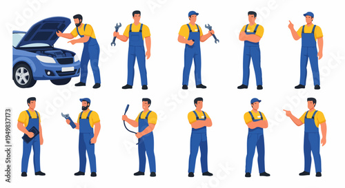 Collection of Professional Car Mechanic Characters in Various Poses and Actions