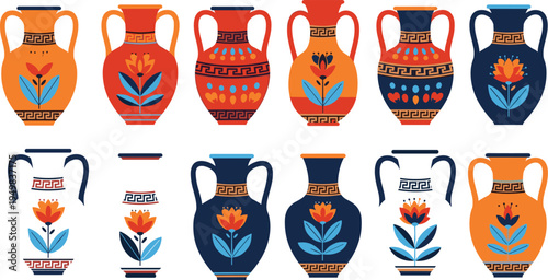 Collection of Ancient Greek Amphora Vases with Meander Patterns and Floral Ornaments in Flat Vector Style for Decorative Design Elements