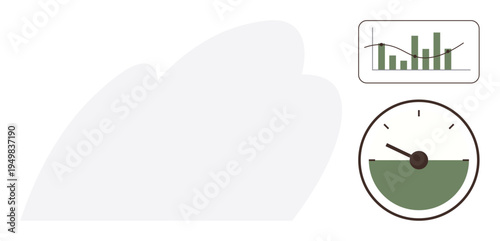 Data analysis, business metrics, performance tracking, progress evaluation, financial trends, and growth monitoring. Bar graph and gauge icon. Data analysis and business metrics visualization