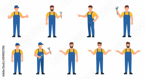 Collection of Male Repairman Characters in Various Poses Wearing Blue Overalls and Yellow Shirts, Holding Tools and Gesturing, Isolated on White Background