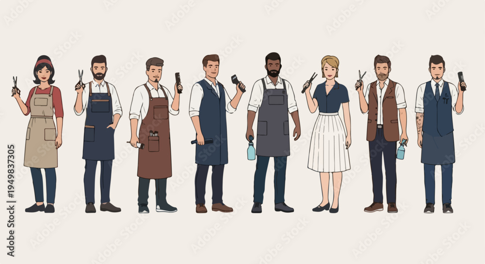 Obraz premium A diverse group of professional barbers and hair stylists standing with various grooming tools in a flat illustration style.
