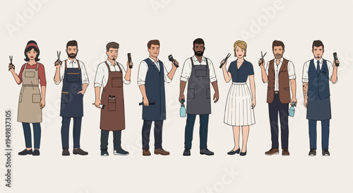 A diverse group of professional barbers and hair stylists standing with various grooming tools in a flat illustration style.