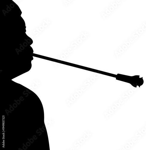 Black silhouette of a person in profile using a long cigarette holder or pipe isolated on white background