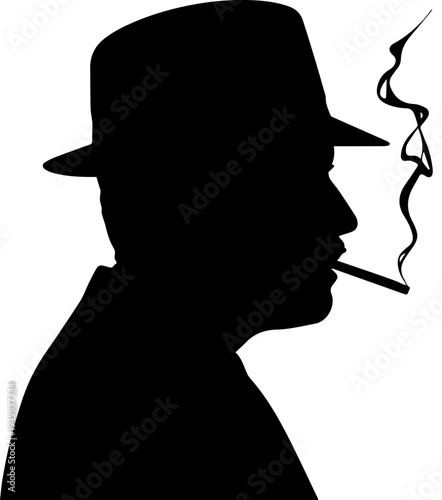 Profile Silhouette of a Man Wearing a Fedora Hat and Smoking a Cigarette Noir Style Vector Art