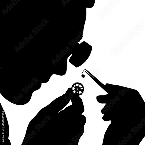 Silhouette of a watchmaker working on a delicate clockwork mechanism with tweezers and a loupe