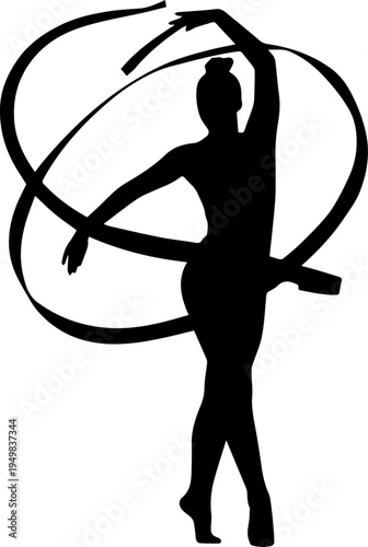 Black Silhouette of a Female Rhythmic Gymnast Performing with a Swirling Ribbon