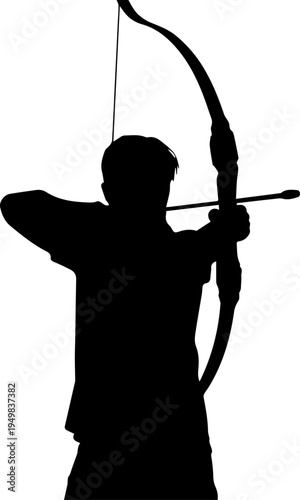 Black Silhouette of a Male Archer Aiming a Bow and Arrow Isolated on White Background