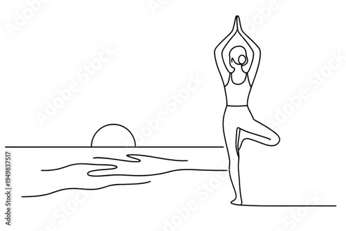 Yoga at Sunrise. "Stillness at Dawn". Minimalistic one-line drawing woman practicing yoga on quiet beach as