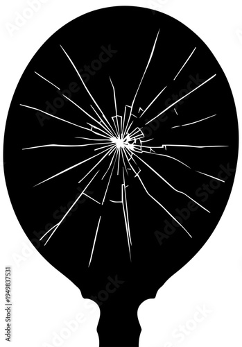 Silhouette of a Broken Hand Mirror with Radiating Cracks and Shattered Glass Effect on White Background