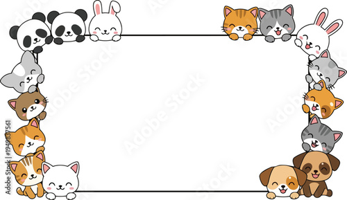Cute animals gather around frame border in playful scene with panda, rabbit, cat, dog, and bunny.