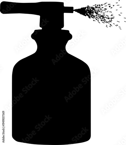 Black silhouette of a vintage spray bottle with liquid droplets spraying isolated on white background