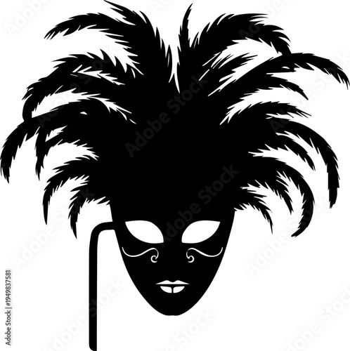 Black Masquerade Mask with Large Feathers and Handle Silhouette Vector Graphic for Carnival and Mardi Gras