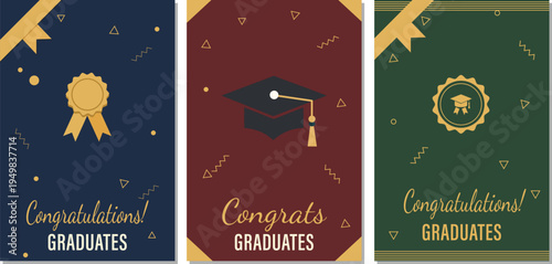 Three colorful graduation cards with confetti and gold accents for congratulatory messages to graduates