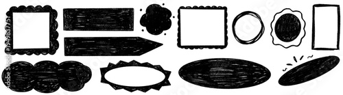 Playful crayon texture with stamp accents builds a hand drawn frame, crayon lines and stamp shapes surround brush, circle, box, border and square in a soft frame style.