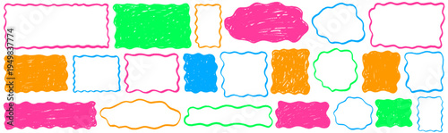 Modern shape and rectangle form a frame, organic and wavy curves flow near square, doodle border and crayon texture enrich shape and rectangle frame.