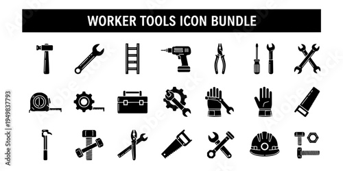 Organized minimalist collection of worker tools icons for construction, repair, and DIY projects featuring black silhouettes.