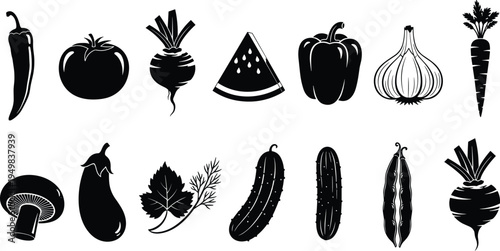 Collection of Minimalist Black and White Vegetable and Fruit Icons Featuring Tomato Chili Beetroot Garlic Bell Pepper Carrot Cucumber and Eggplant