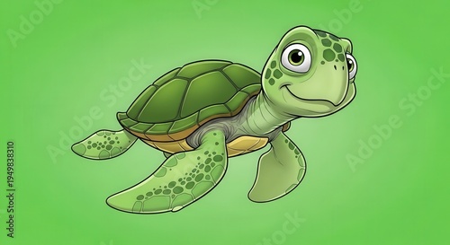 Cute Cartoon Turtle Swimming in Bright Green Water for Children's Educational Content