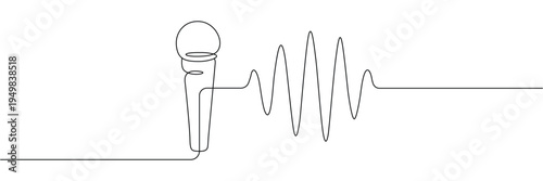 Continuous one line drawing of a microphone with sound wave frequency for podcast and audio recording. Editable stroke outline. Single contour art. Doodle hand drawn vector illustration