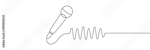 Continuous one line drawing of a microphone with sound wave for podcasting and music recording. Editable stroke outline. Single contour art. Doodle hand drawn vector illustration