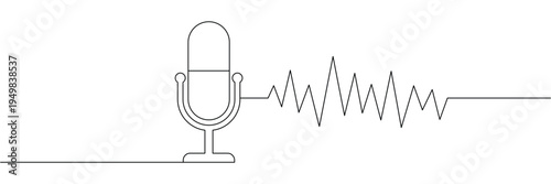 Continuous one line drawing of a microphone with sound wave for podcasting and audio recording. Editable stroke outline. Single contour art. Doodle hand drawn vector illustration
