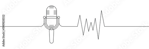 Continuous one line drawing of vintage microphone with sound wave for podcasting and music recording. Editable stroke outline. Single contour art. Doodle hand drawn vector illustration