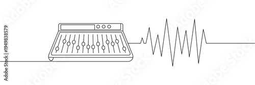 Continuous one line drawing of professional audio mixing console with sound wave frequency for music production. Editable stroke outline. Single contour art. Doodle hand drawn vector illustration