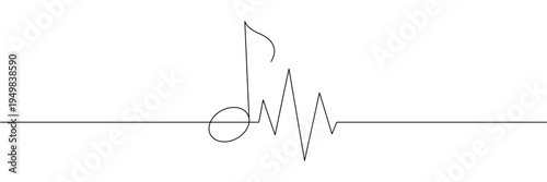 Continuous one line drawing of musical note combined with heartbeat pulse wave for rhythm and life. Editable stroke outline. Single contour art. Doodle hand drawn vector illustration