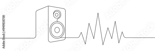 Continuous one line drawing of music speaker with sound wave frequency for audio equipment design. Editable stroke outline. Single contour art. Doodle hand drawn vector illustration