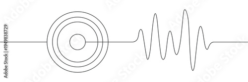 Continuous one line drawing of a target symbol connected to a frequency wave pulse signal. Editable stroke outline. Draw thin linear width. Single contour art. Doodle hand drawn vector illustration