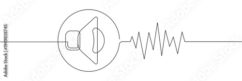 Continuous one line drawing of a speaker icon with audio sound wave frequency signal symbol. Editable stroke outline. Draw thin linear width. Single contour art. Doodle hand drawn vector illustration