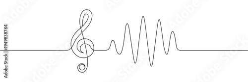Continuous one line drawing of a treble clef symbol merging into a musical sound wave frequency. Editable stroke outline. Single contour art. Doodle hand drawn vector illustration