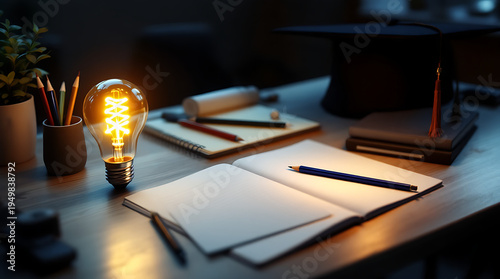 A glowing Edison bulb illuminates an open notebook, pencils, and a graduation cap on a dark study desk.