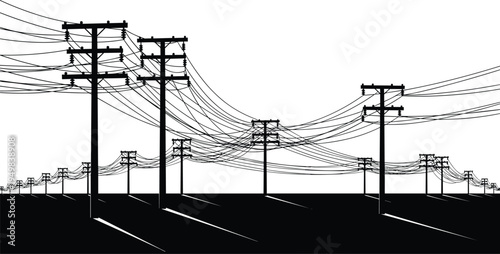 Urban City Electric Utility Poles Silhouette featuring Power Lines, Transmission Cables, Energy Infrastructure, Industrial Wire Network, and Cityscape Horizon Vector.