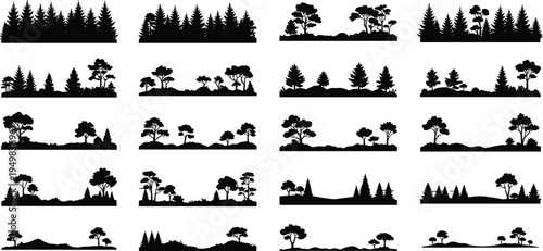Forest Tree Line Silhouette Set featuring Pine, Spruce, Fir, and Deciduous Trees, Woodland Landscape Horizons, Nature Borders, and Timberline Vector Illustration.