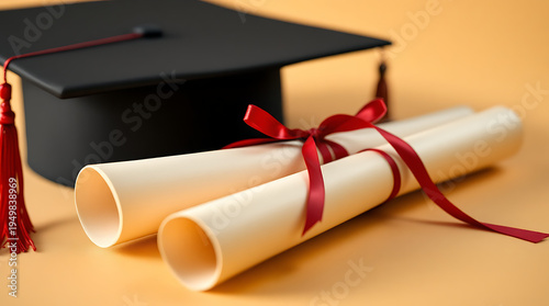 A black graduation cap with a red tassel next to two rolled diplomas tied with a red ribbon, symbolizing academic achievement and success.