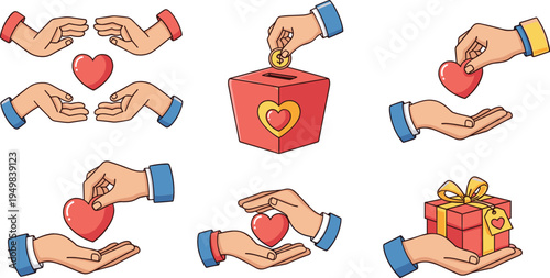 Hands Giving and Receiving Hearts, Donations, and Gifts, Symbolizing Love and Generosity Illustration