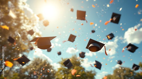 Graduation caps and confetti thrown into the air against a bright, sunny sky, celebrating academic achievement and the end of studies.
