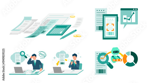 AI powered receipt scanning illustration set showing OCR automation, expense management and digital invoice processing for modern business workflow