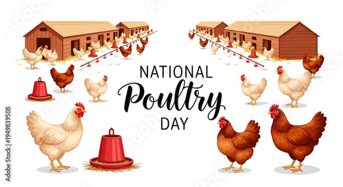 Illustration of chickens and farm buildings celebrating National Poultry Day with a vector design and colorful illustrations.